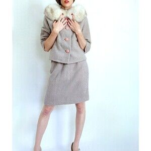 1950s Vintage Boucle Wool Skirt Suit Set, Faux Fur Collar Jacket, Women's Small